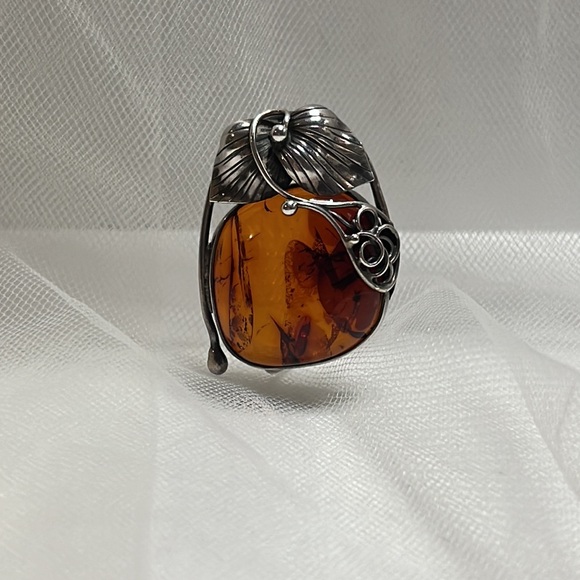 Vintage Amber Brooch Sterling Silver Art Nouveau Revival Floral